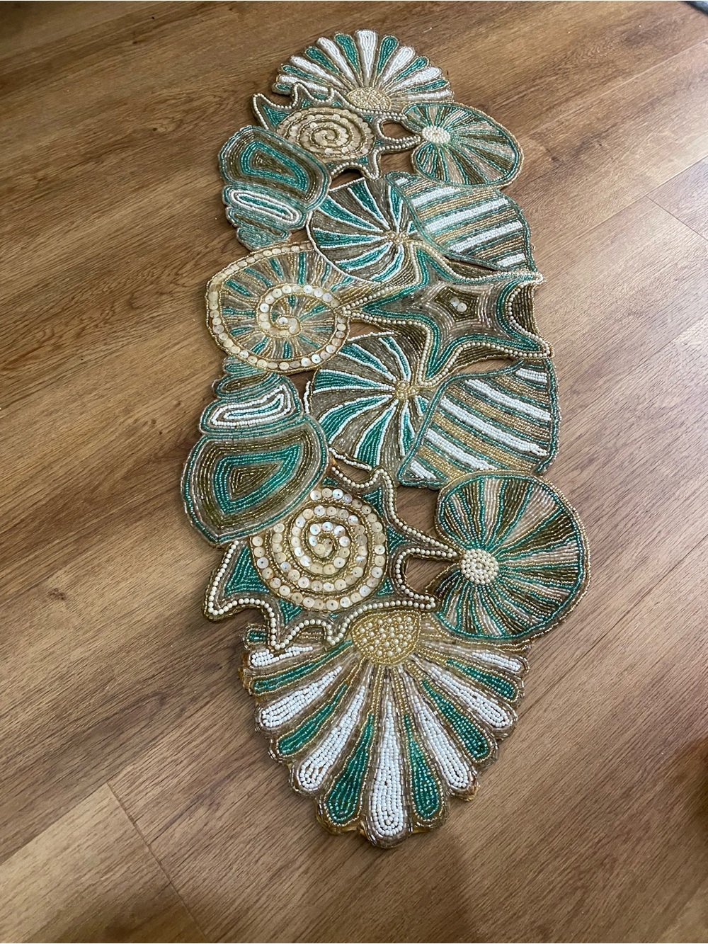 Beaded Seashore Table Runner in Teal, Gold & White